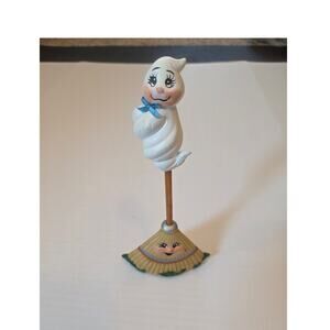 Vintage 2-Pc. Anthropomorphic Hand Painted Ceramic Halloween Broom & Ghost
